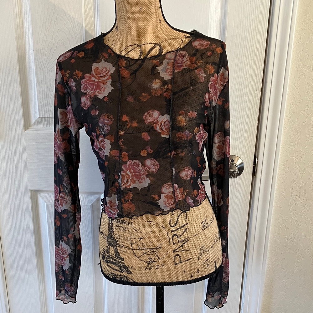 Arizona Jeans Co. Sheer Rose Floral Spring Romantic Print Long Sleeve Crop top L